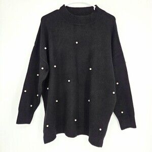 FORE Women's Black Pearl Beaded Knit Mock Neck Sweater Oversized Tunic Sz Small